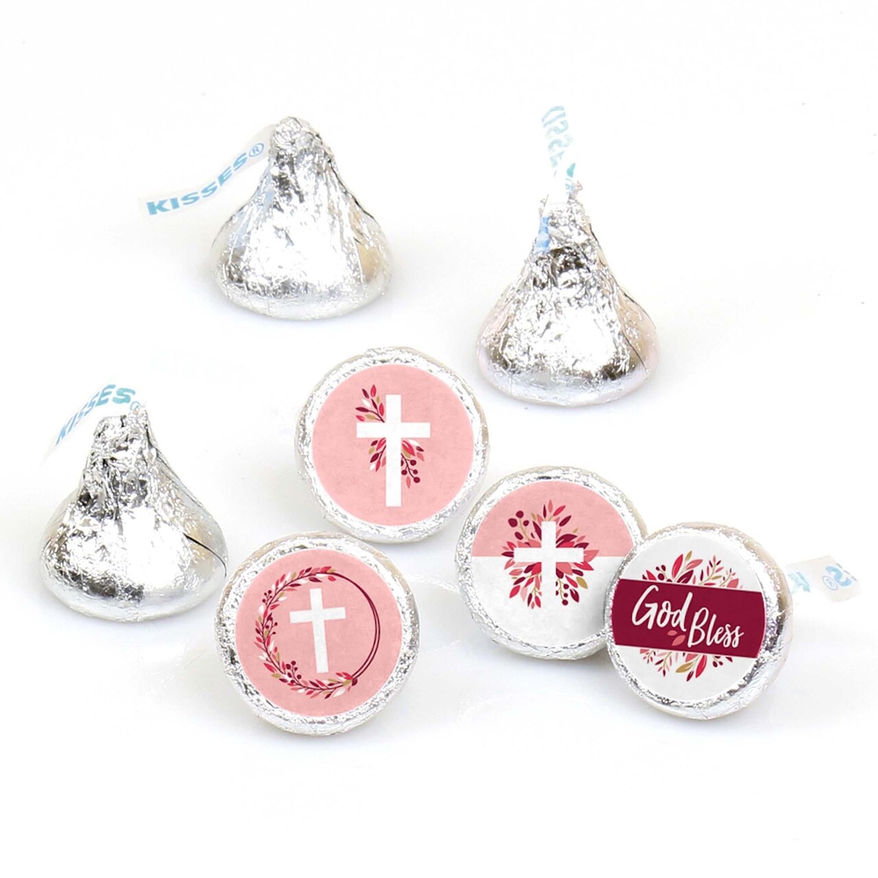 Big Dot of Happiness Pink Elegant Cross - Girl Religious Party Round Candy Sticker Favors - Labels Fits Chocolate Candy (1 sheet of 108)